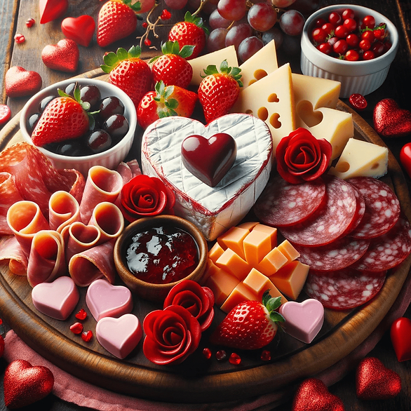 valentine charcuterie board - cheese, meats, grapes, strawberries