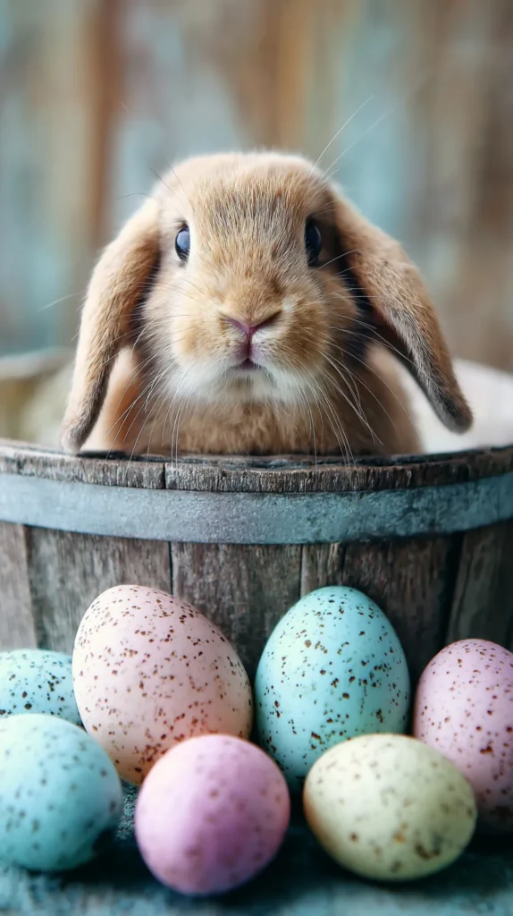 adorable floppy-eared bunny inside on old bucket, surrounded by colored eggs