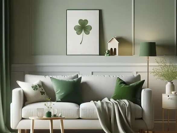 off-white sofa with green throw pillows and a moss green blanket; St. Patrick's day home decor