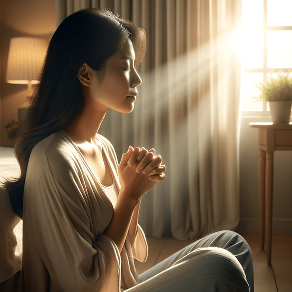 Here is a photo that captures the essence of post on prayer for a husband who is cheating. The image depicts a woman sitting peacefully, her eyes closed in prayer, in a serene and tranquil room. This setting reflects a moment of seeking solace and inner strength.