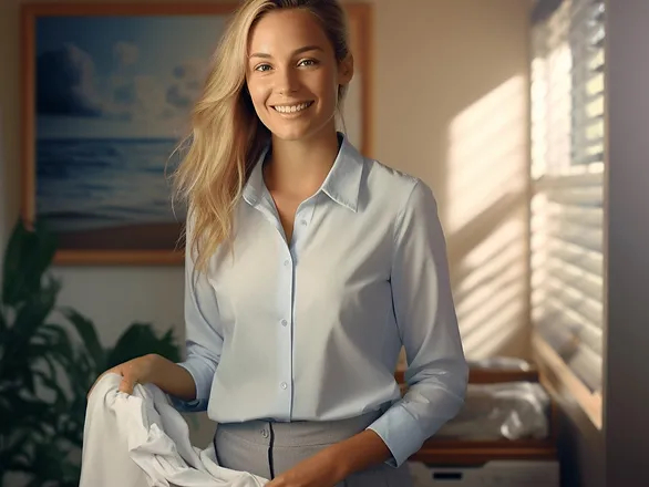 working mom hacks - mom with a light blue button shirt, getting ready to fold a white sheet