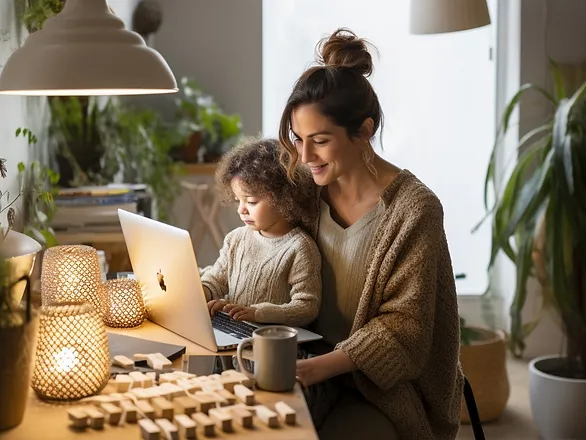 mom working remotely from home on the computer with her child on her lap