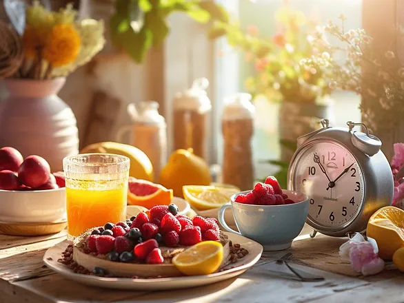 intermittent fasting for busy moms - clock next to a bowl of fruit and orange juice glass