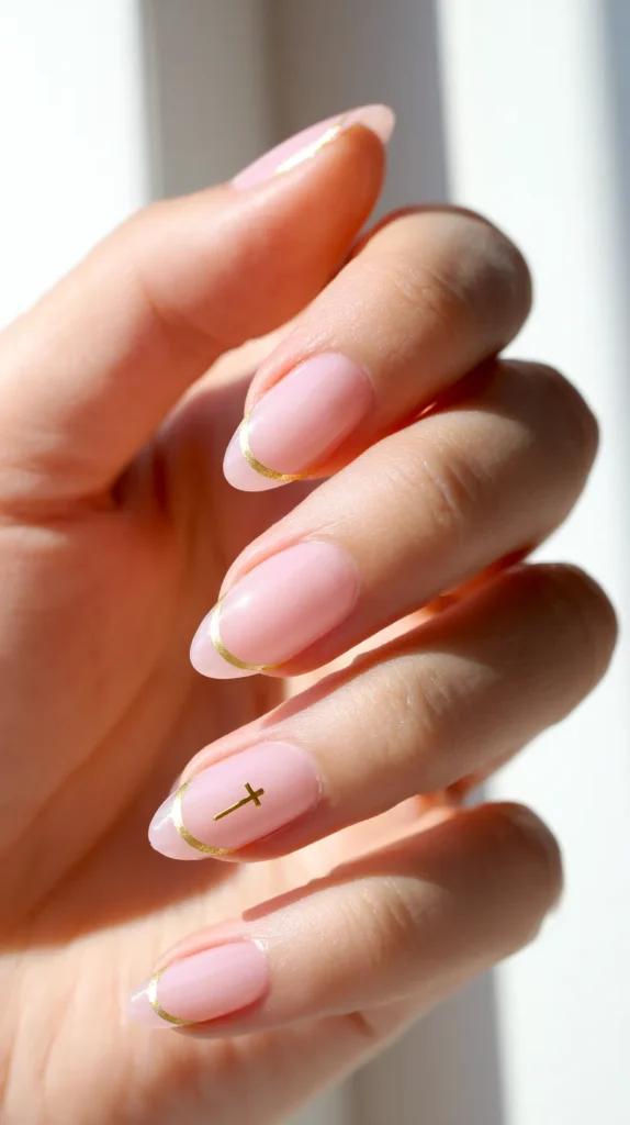 pale pink and gold manicure with a small gold cross painted on one nail