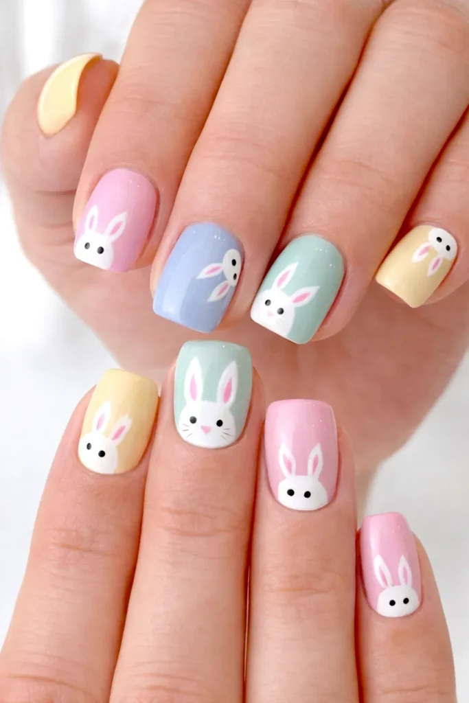 Close-up of a woman’s hand with short square nails painted in pastel pink, blue, mint, and yellow, featuring simple white Easter bunny faces and ears.