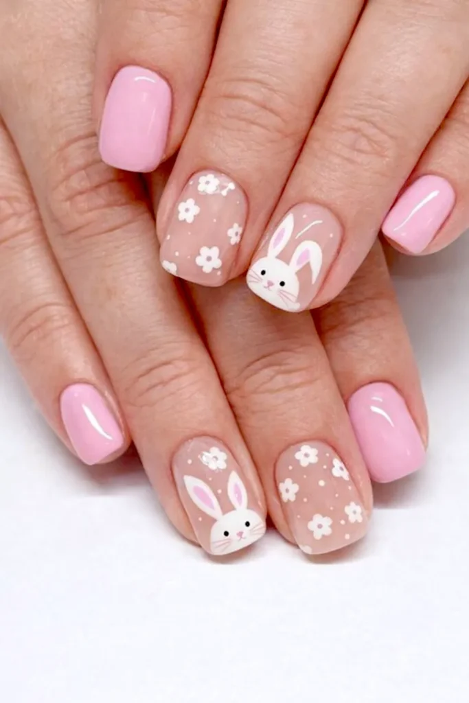 Close-up of a woman’s hand with short square nails in soft pink and sheer nude, decorated with white bunny faces and tiny white flowers.