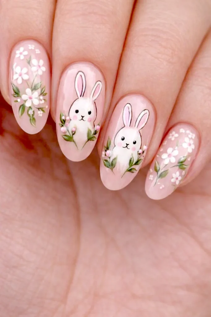 Close-up of a woman’s hand with almond-shaped nails on a pale pink base, featuring white bunny art, soft green leaves, and small white flowers.
