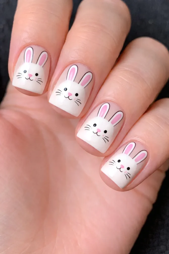 Close-up of a woman’s hand with pale pink nails decorated with white bunny faces and scattered pink floral accents on a glossy finish.