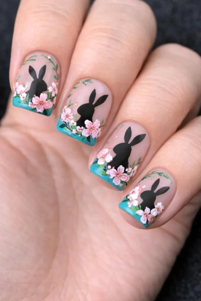Close-up of a woman’s hand with nude nails, black Easter bunny silhouettes, pink flowers, green vines, and turquoise French tips.