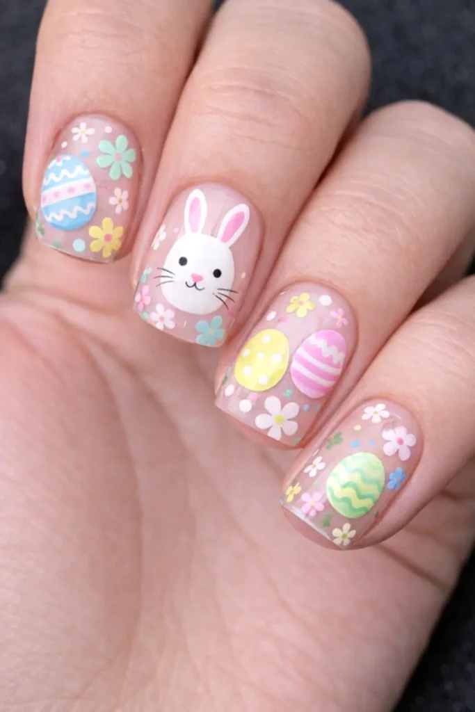 Close-up of a woman’s hand with pastel Easter nails featuring a white bunny face, colorful Easter eggs, and tiny floral designs on a sheer nude base.
