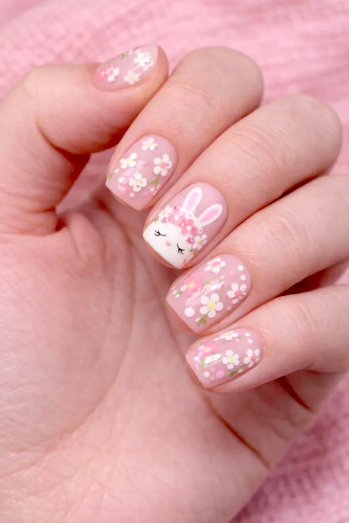 Zoomed-out view of a woman’s hand with short pale pink nails, tiny white and pink flowers, and one accent nail with a bunny face wearing a floral crown.