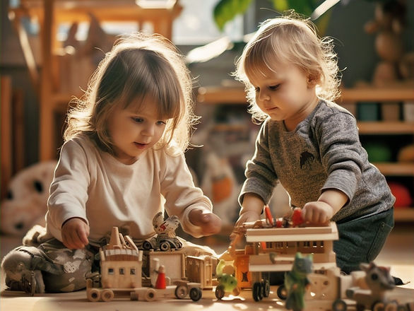 sibling rivalry solutions - two toddler girls playing nicely with wooden toys