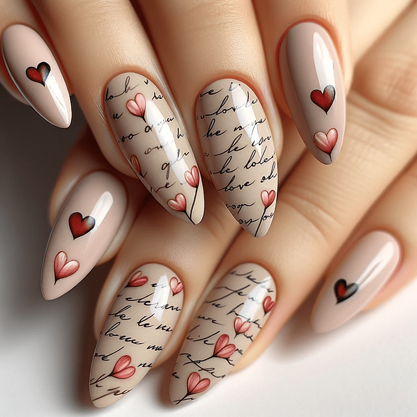 almond nails valentines day - letters and words on nails