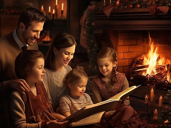 budget-friendly family Christmas traditions - family of five reading a Christmas story near a fireplace