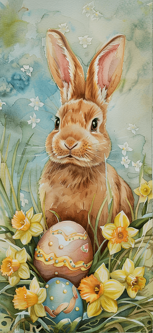 Easter iPhone wallpaper: An adorable bunny depicted in a watercolor painting, surrounded by daffodils and Easter eggs.