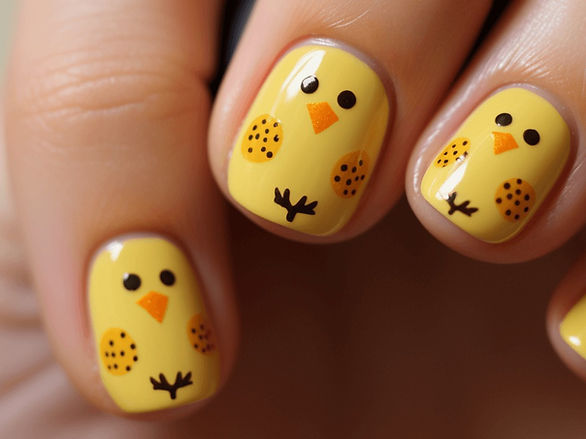 Bright yellow nails with one accent nail featuring an adorable chick design. The chick is painted in a vibrant yellow with tiny orange beak and feet details.