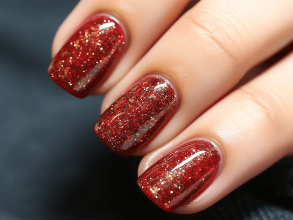 Glittery Pink and Red Accents: In this image, the nails are jazzed up with glittery accents in pink and red. This design can feature full glitter nails or just a glitter accent nail, adding sparkle and glamour to the medium-length nails.