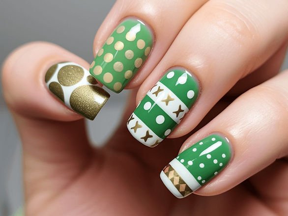st. patrick's day nails gold dots, white accent, green 