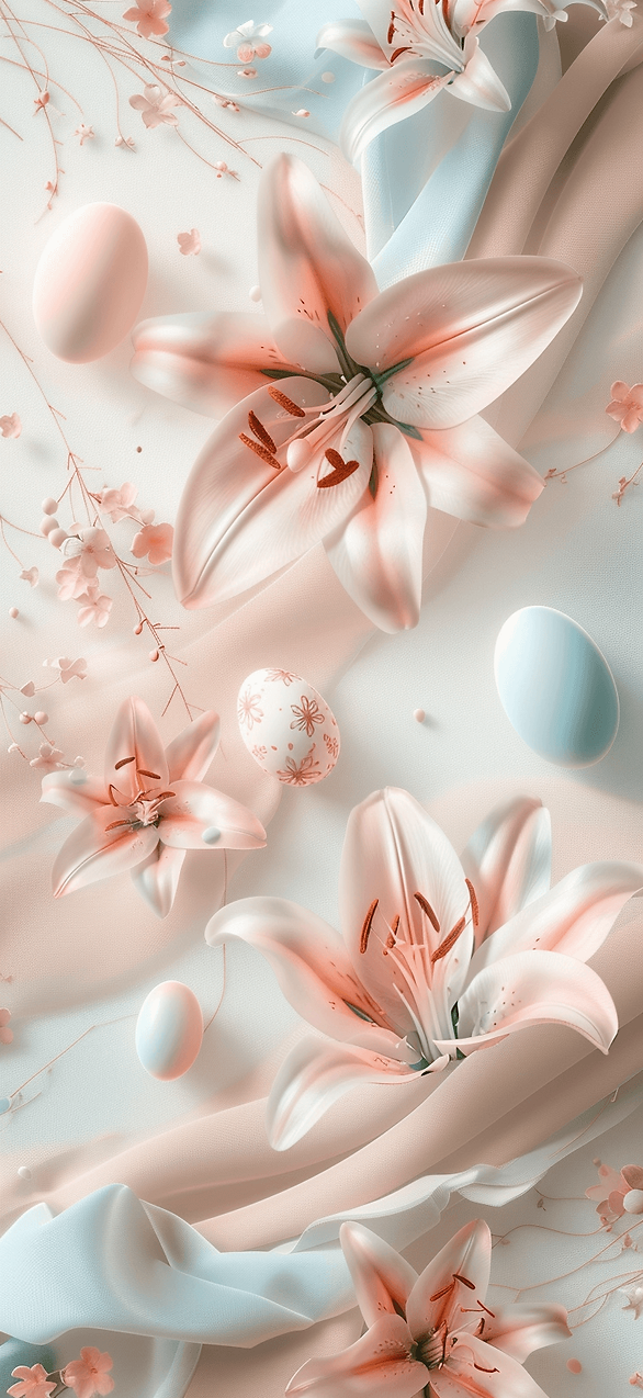 A pattern of delicate Easter lilies and pastel eggs on a light, airy background.