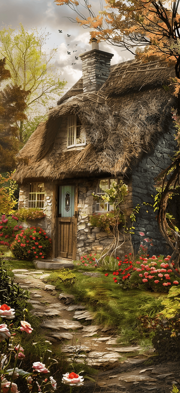 Rustic Irish Cottage: A quaint Irish cottage with thatched roof, surrounded by a blooming garden, representing the charm of rural Ireland.