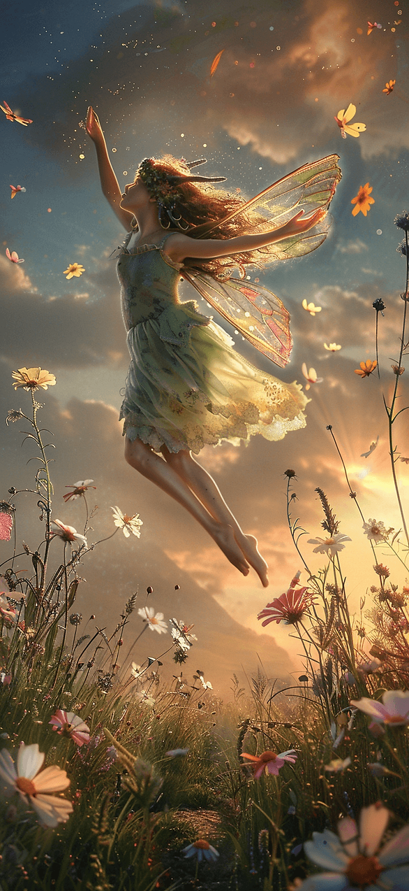 Enchanted Irish Fairy: An ethereal Irish fairy with delicate wings, hovering over a meadow dotted with wildflowers, under a twilight sky