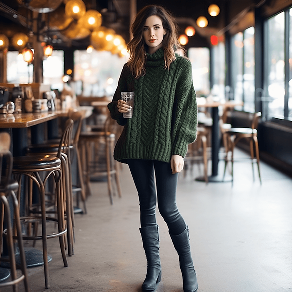 dark green chunky sweater with dark pants and boots