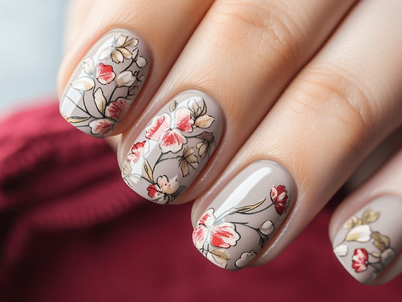 Delicate Floral Pattern: The nails in this image are adorned with a delicate floral pattern. Small pink flowers with red accents bloom on a neutral base. The medium-length, well-manicured nails highlight an intricate and feminine design.