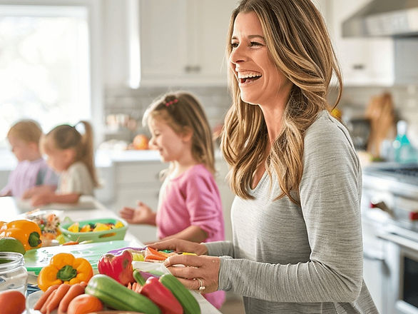 A stay-at-home mom in a bright, sunny kitchen, laughing as she prepares lunch. On the kitchen island, there's a colorful array of healthy ingredients and a child's lunch plate. In the background, her kids are visible, playing and drawing at the kitchen table. The scene is casual and cheerful, with a sense of real-life warmth and family connection.