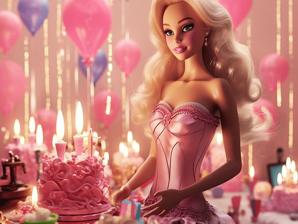 Barbie in a strapless pink dress with a pink cake