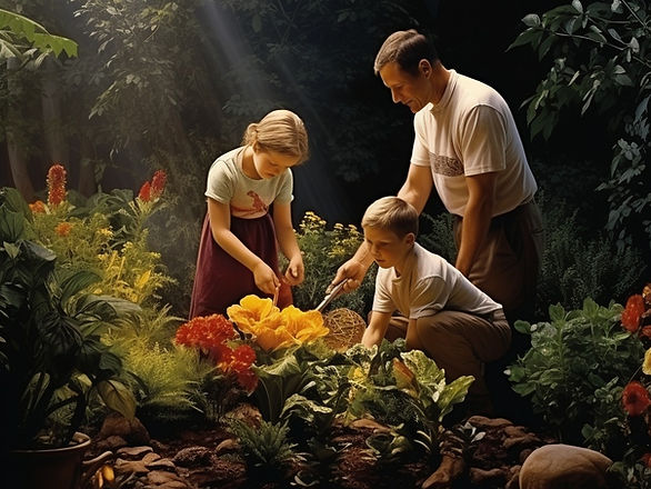family garden - two children and a dad in a flower garden