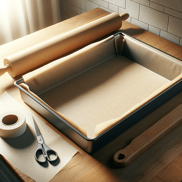 baking pan with brown parchment paper and a rolling pin