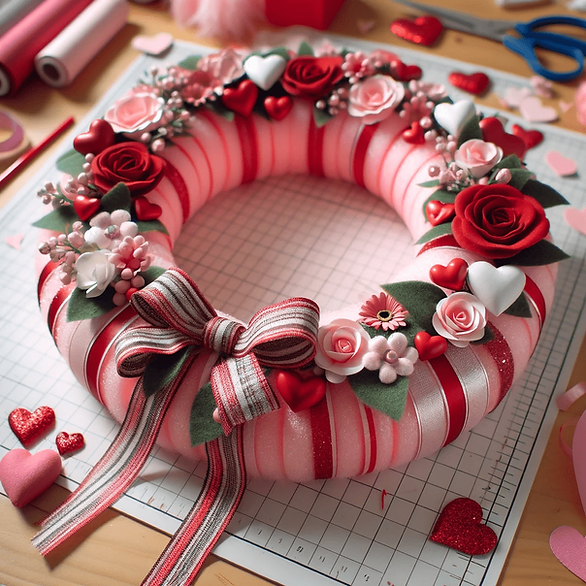 DIY Valentine wreath ribbons, flowers, hearts