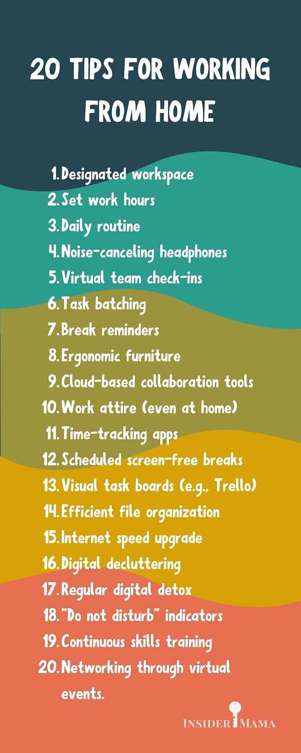 Remote work and family life integration - 20 work from home solutions infographic 