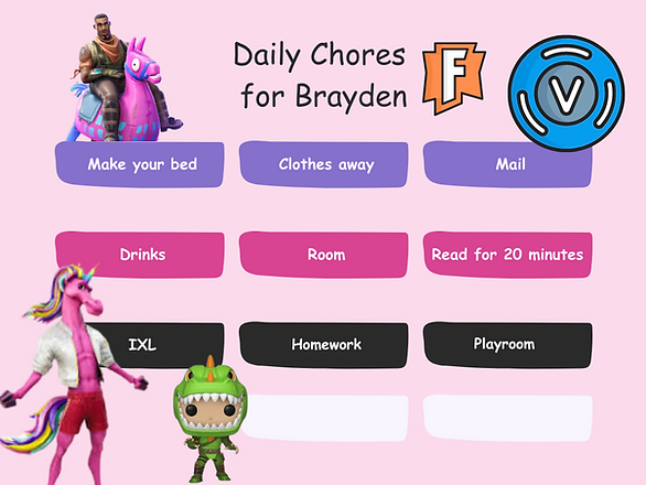 teaching children about household chores - Fortnite designed chore chart