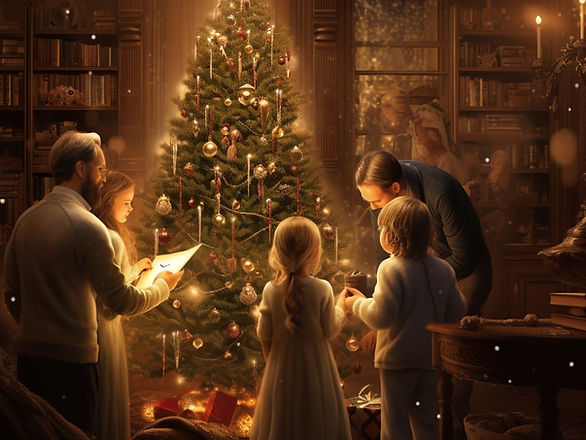 teaching children the meaning of Christmas - family around a Christmas tree