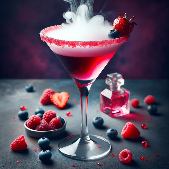 dried ice, martini glass, dark pink drink, berries on the table