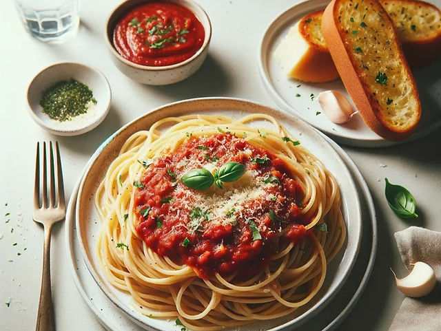 Cheap family dinner ideas: spaghetti and garlic bread presented nicely on the table