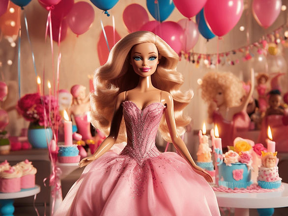 barbie at a party, wearing a pink dress