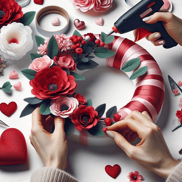 DIY Valentine wreath ribbons, flowers