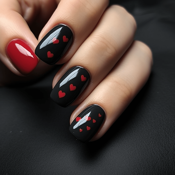 black nails, red heart, black valentines day nails
