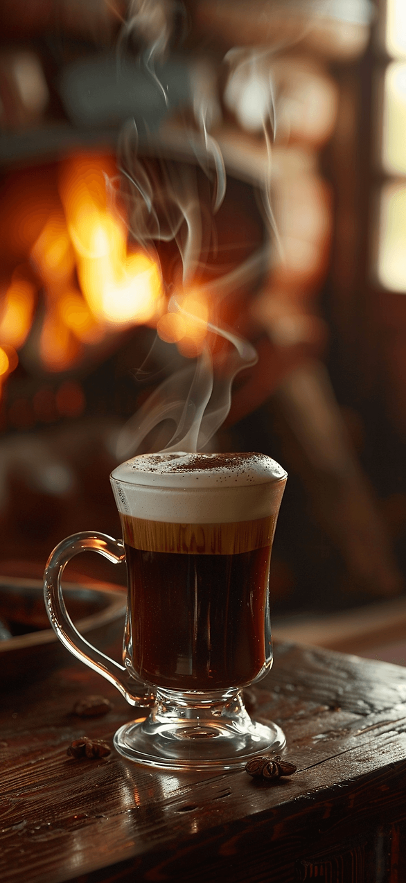 Irish Coffee by the Fireplace: A cozy scene featuring a steaming mug of Irish coffee resting on a table beside a roaring fireplace, evoking warmth and comfort.