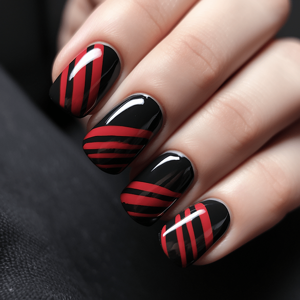 black valentines day nails - red stripes on black nails