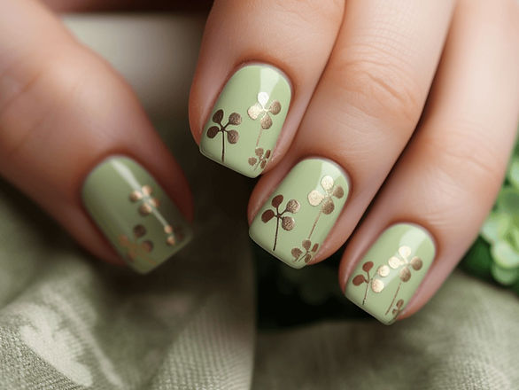 pale green nails with small gold clovers st. patrick's day nails