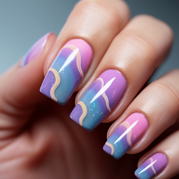 fashion nails purple and blue with swirl lines