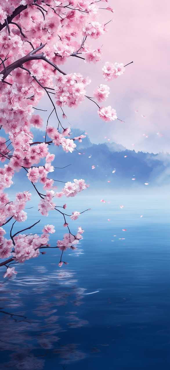 Immerse yourself in tranquility with this free wallpaper, showcasing cherry blossoms in full bloom over a serene lake, complete with gently falling petals.