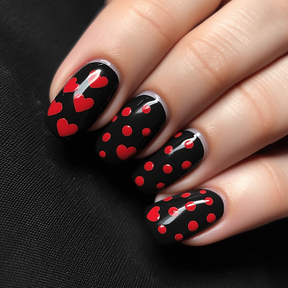 black valentines day nails, red polka dots with hearts