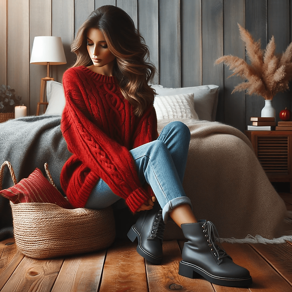 woman wearing a red sweater jeans, boots