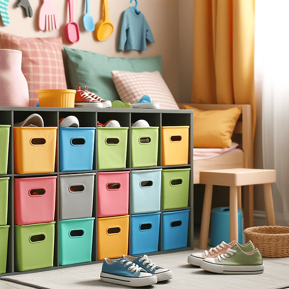 organizing kids shoes with colorful bins