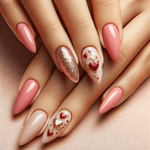 almond nails valentines day glitter and pink and hearts