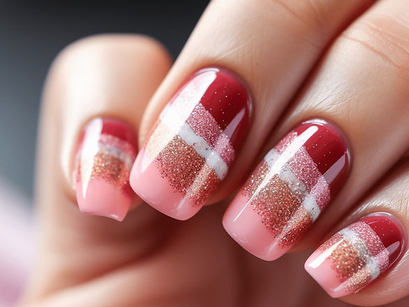 Elegant Red and Pink Stripes: Bold and straight stripes in alternating pink, white, and red colors grace these medium-length nails. The image shows a striking striped pattern, combining fun with elegance. Glitter accents.